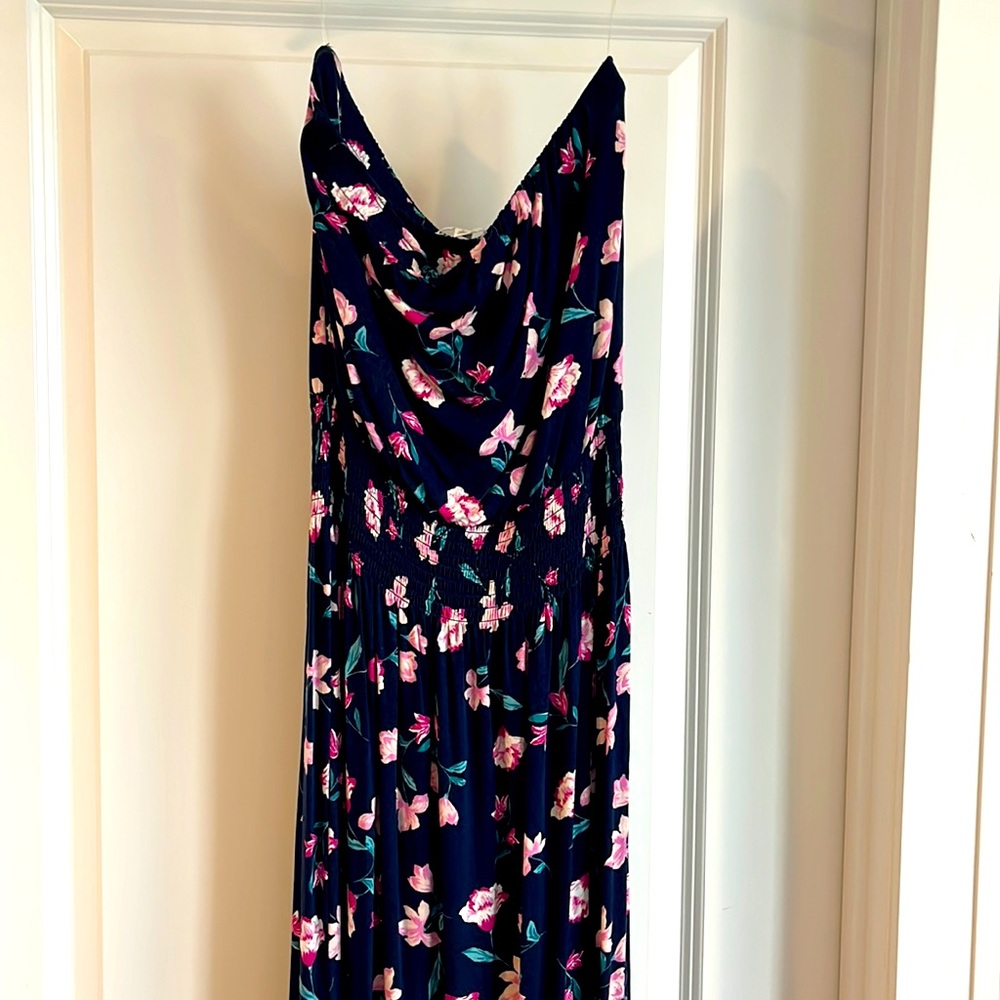 Bp Strapless Navy and Pink Floral Maxi Dress